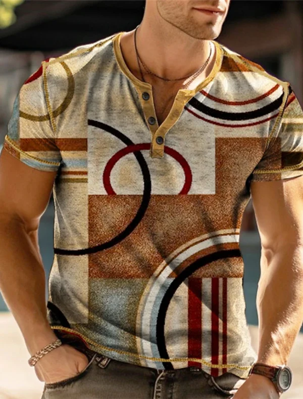 New Vintage Mens T Shirt 3D Fashion Gradient T Shirt Oversized Casual Button Short Sleeve Summer Fashion Street Men's V Neck Top - Image 14