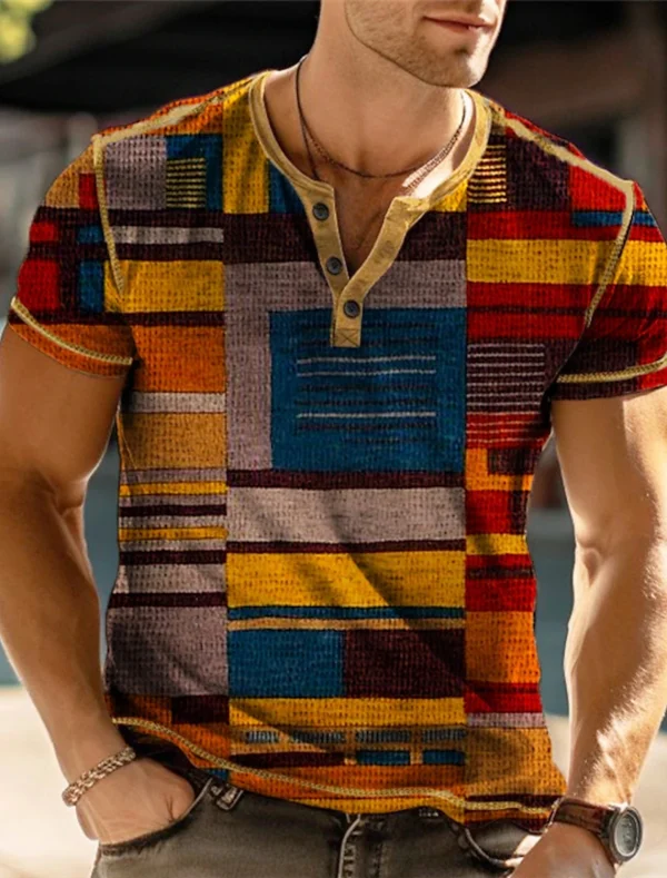 New Vintage Mens T Shirt 3D Fashion Gradient T Shirt Oversized Casual Button Short Sleeve Summer Fashion Street Men's V Neck Top - Image 12