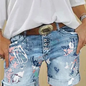 Denim Shorts Washed Flower Print Jeans