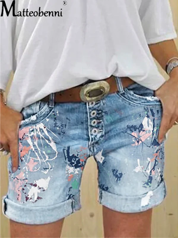 Denim Shorts Washed Flower Print Jeans