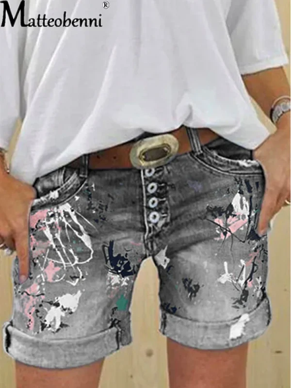 Denim Shorts Washed Flower Print Jeans - Image 9