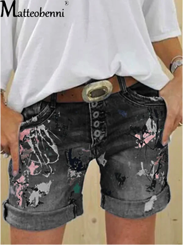 Denim Shorts Washed Flower Print Jeans - Image 4