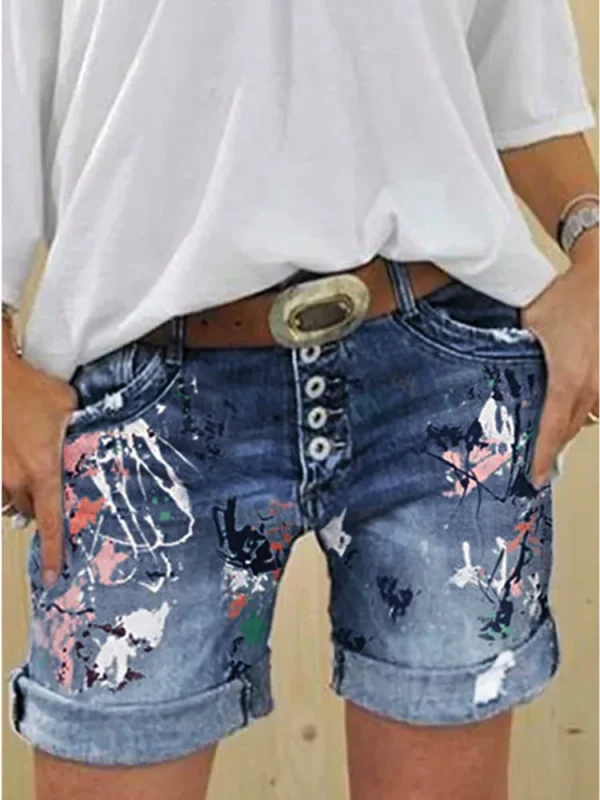Denim Shorts Washed Flower Print Jeans - Image 10
