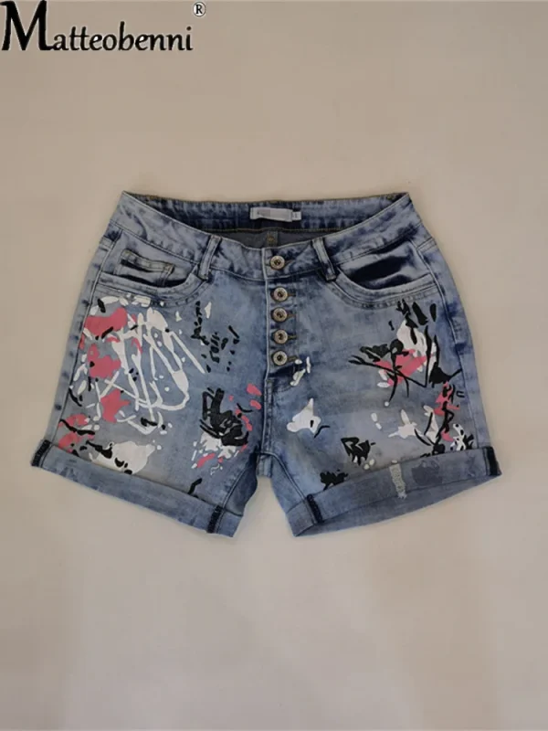 Denim Shorts Washed Flower Print Jeans - Image 12