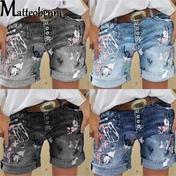 Denim Shorts Washed Flower Print Jeans - Image 7