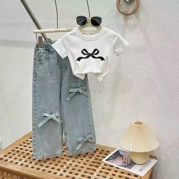 Children's Clothing Sets Printed Bow Short Sleeve Top + Jeans 2pcs Sets Girls Clothes  Baby Girl Outfit Set Kids Clothes Girls - Image 2
