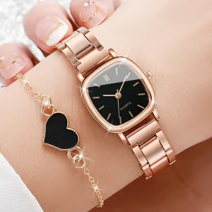 2PCS/Set Women's Stainless Steel Band Quartz Watches Heart Bracelet Set