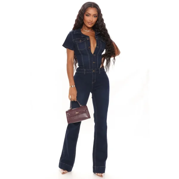 FAGADOER Dark Blue Fashion Denim Jumpsuits Women Turndown Collar Button Short Sleeve Straight Playsuits Casual Cowboy Overalls - Image 14