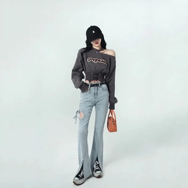Harajuku Cropped Women Sweatshirt 2023 Autumn Crop Tops Y2k Pullover E-girl Off Shoulder Hoodies Clothes Streetwear Fashion Tees - Image 4