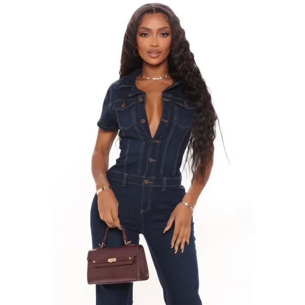 FAGADOER Dark Blue Fashion Denim Jumpsuits Women Turndown Collar Button Short Sleeve Straight Playsuits Casual Cowboy Overalls - Image 17