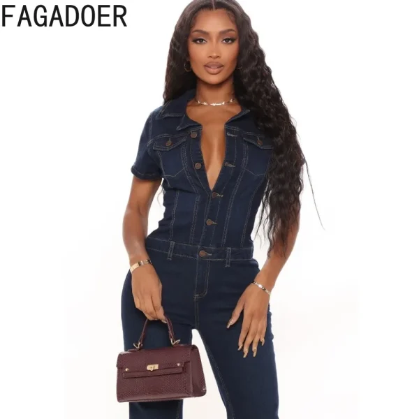 FAGADOER Dark Blue Fashion Denim Jumpsuits Women Turndown Collar Button Short Sleeve Straight Playsuits Casual Cowboy Overalls