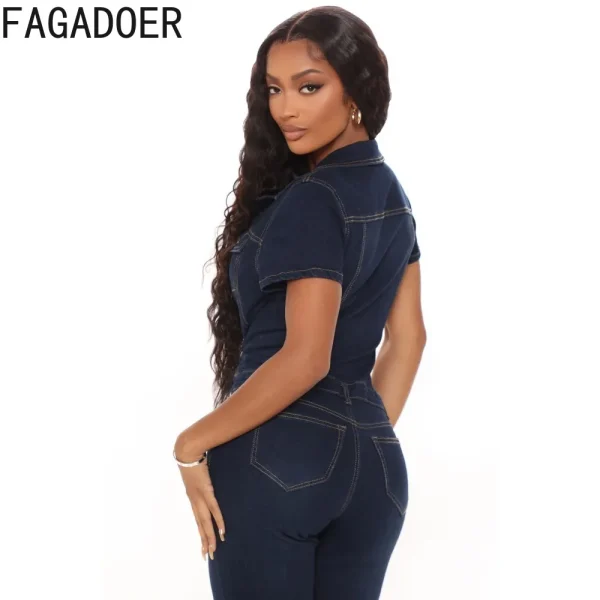 FAGADOER Dark Blue Fashion Denim Jumpsuits Women Turndown Collar Button Short Sleeve Straight Playsuits Casual Cowboy Overalls - Image 2