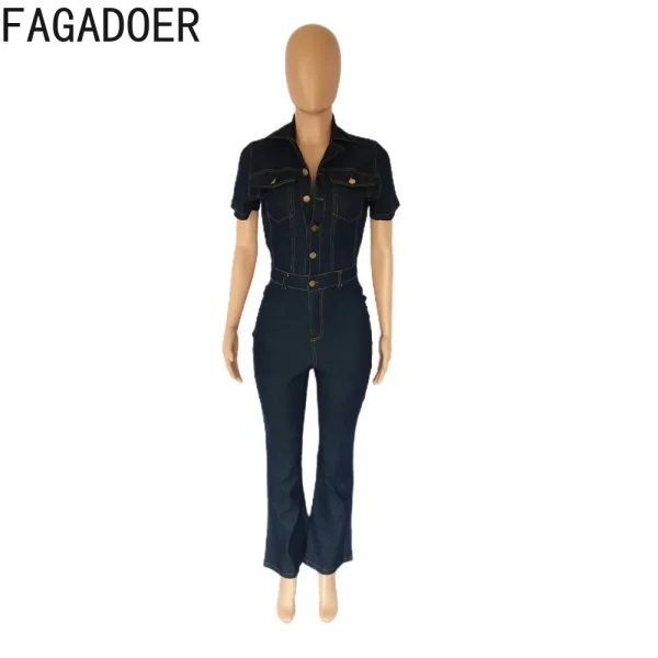 FAGADOER Dark Blue Fashion Denim Jumpsuits Women Turndown Collar Button Short Sleeve Straight Playsuits Casual Cowboy Overalls - Image 5