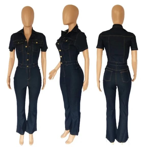 FAGADOER Dark Blue Fashion Denim Jumpsuits Women Turndown Collar Button Short Sleeve Straight Playsuits Casual Cowboy Overalls - Image 10