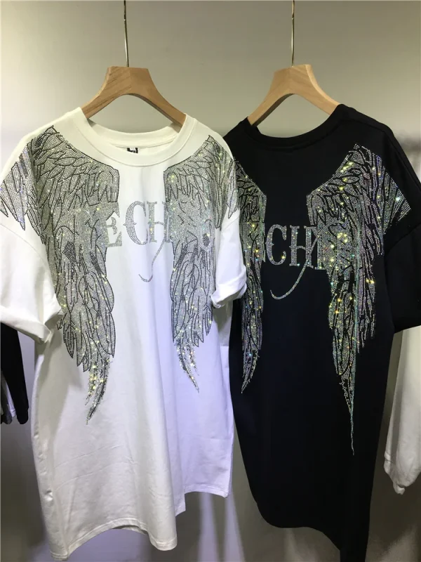 L-4XL Oversize Rhinestone Angel Wings Harley T shirt Clothing for Women Men Hip Hop Streetwear Loose Short Sleeve Brand T-shirt - Image 4