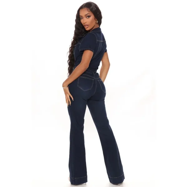 FAGADOER Dark Blue Fashion Denim Jumpsuits Women Turndown Collar Button Short Sleeve Straight Playsuits Casual Cowboy Overalls - Image 16
