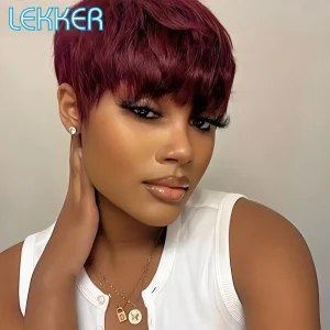 Lekker Colored Short Pixie Cut Straight Bob 100% Human Hair Wigs With Bangs For Women Brazilian Remy Hair Burgundy Red Daily Wig