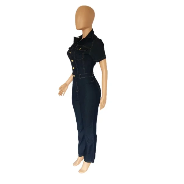 FAGADOER Dark Blue Fashion Denim Jumpsuits Women Turndown Collar Button Short Sleeve Straight Playsuits Casual Cowboy Overalls - Image 12
