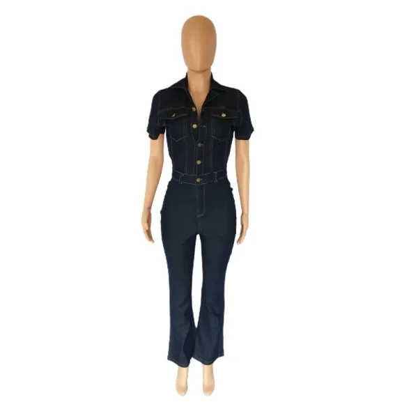 FAGADOER Dark Blue Fashion Denim Jumpsuits Women Turndown Collar Button Short Sleeve Straight Playsuits Casual Cowboy Overalls - Image 11