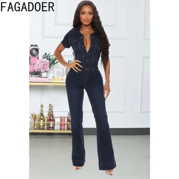 FAGADOER Dark Blue Fashion Denim Jumpsuits Women Turndown Collar Button Short Sleeve Straight Playsuits Casual Cowboy Overalls - Image 3