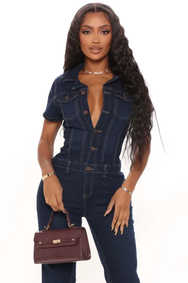 FAGADOER Dark Blue Fashion Denim Jumpsuits Women Turndown Collar Button Short Sleeve Straight Playsuits Casual Cowboy Overalls - Image 23