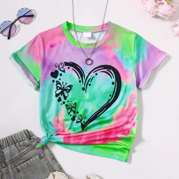 Girl Clothes Child T-Shirt Short Sleeve Heart Print Tie Dye Girl T-Shirt Top Casual Tees Kids Summer Clothes Children's Clothing - Image 3