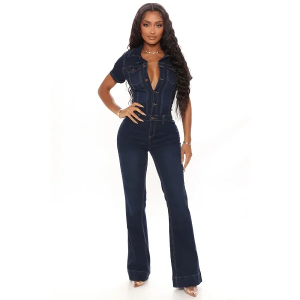 FAGADOER Dark Blue Fashion Denim Jumpsuits Women Turndown Collar Button Short Sleeve Straight Playsuits Casual Cowboy Overalls - Image 15