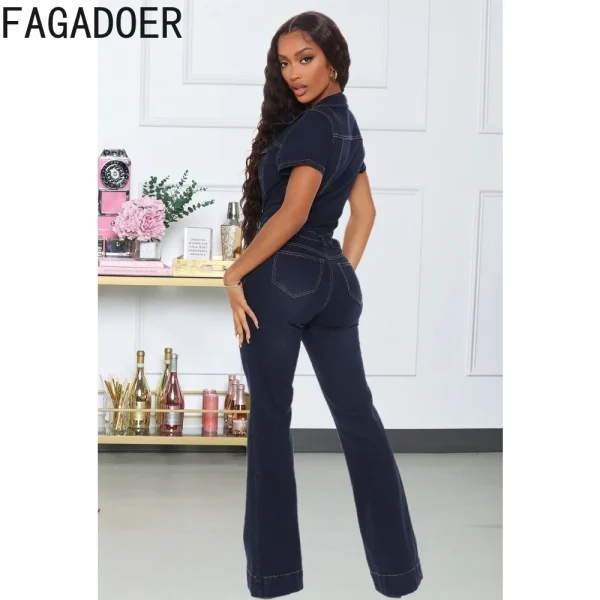 FAGADOER Dark Blue Fashion Denim Jumpsuits Women Turndown Collar Button Short Sleeve Straight Playsuits Casual Cowboy Overalls - Image 4