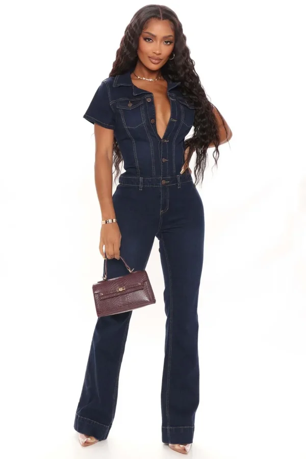 FAGADOER Dark Blue Fashion Denim Jumpsuits Women Turndown Collar Button Short Sleeve Straight Playsuits Casual Cowboy Overalls - Image 20