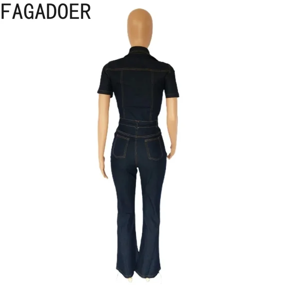 FAGADOER Dark Blue Fashion Denim Jumpsuits Women Turndown Collar Button Short Sleeve Straight Playsuits Casual Cowboy Overalls - Image 6