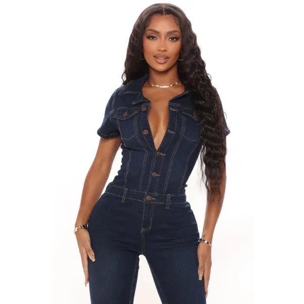 FAGADOER Dark Blue Fashion Denim Jumpsuits Women Turndown Collar Button Short Sleeve Straight Playsuits Casual Cowboy Overalls - Image 19