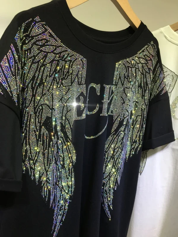 L-4XL Oversize Rhinestone Angel Wings Harley T shirt Clothing for Women Men Hip Hop Streetwear Loose Short Sleeve Brand T-shirt - Image 8