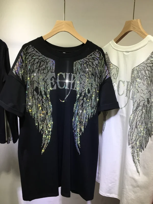 L-4XL Oversize Rhinestone Angel Wings Harley T shirt Clothing for Women Men Hip Hop Streetwear Loose Short Sleeve Brand T-shirt - Image 12