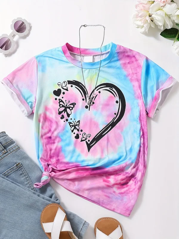 Girl Clothes Child T-Shirt Short Sleeve Heart Print Tie Dye Girl T-Shirt Top Casual Tees Kids Summer Clothes Children's Clothing - Image 9