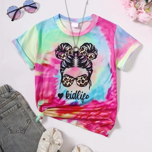 Girl Clothes Child T-Shirt Short Sleeve Heart Print Tie Dye Girl T-Shirt Top Casual Tees Kids Summer Clothes Children's Clothing - Image 2