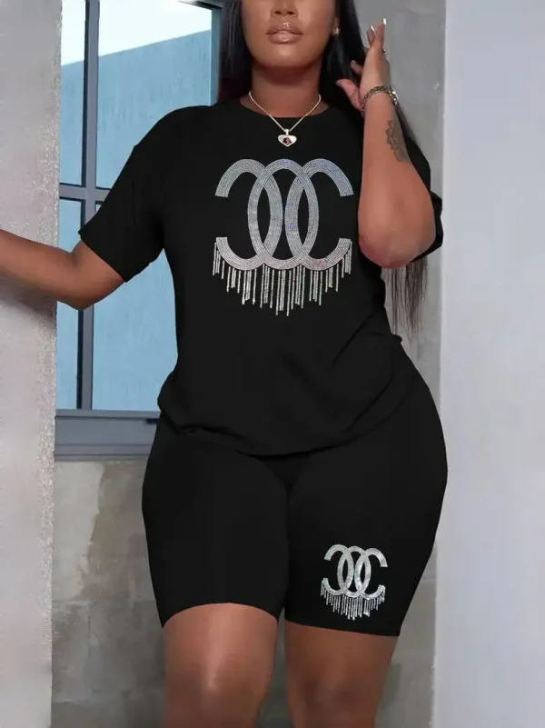 L-5XL Plus Size Women 2 Piece Set Sequins T-shirt and Shorts Elastic Loose Spring Summer Loungewear Oversize Two Piece Outfits - Image 2