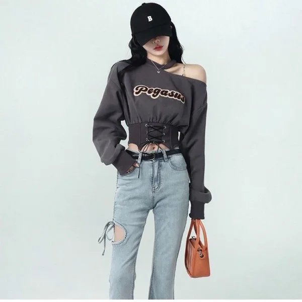 Harajuku Cropped Women Sweatshirt 2023 Autumn Crop Tops Y2k Pullover E-girl Off Shoulder Hoodies Clothes Streetwear Fashion Tees - Image 12