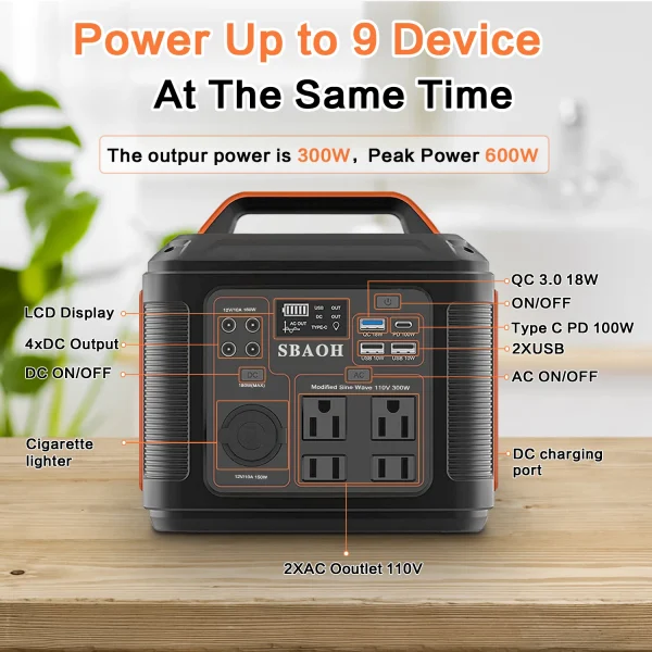 Portable Power Station, 300W 296Wh Solar Generator Quick Charge / 110V AC Outlets/DC Ports and LED Flashlight, Lithium Battery B - Image 4