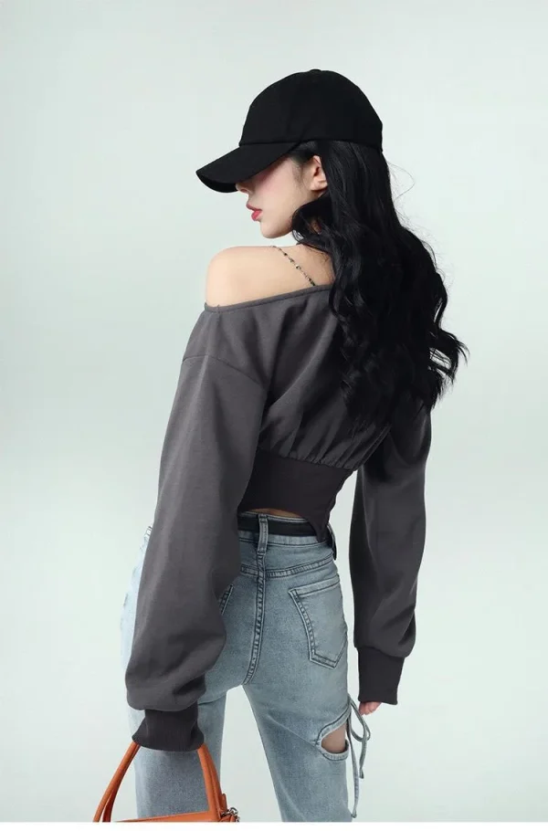 Harajuku Cropped Women Sweatshirt 2023 Autumn Crop Tops Y2k Pullover E-girl Off Shoulder Hoodies Clothes Streetwear Fashion Tees - Image 9