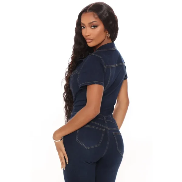 FAGADOER Dark Blue Fashion Denim Jumpsuits Women Turndown Collar Button Short Sleeve Straight Playsuits Casual Cowboy Overalls - Image 18