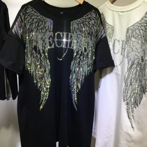 L-4XL Oversize Rhinestone Angel Wings Harley T shirt Clothing for Women Men Hip Hop Streetwear Loose Short Sleeve Brand T-shirt - Image 7