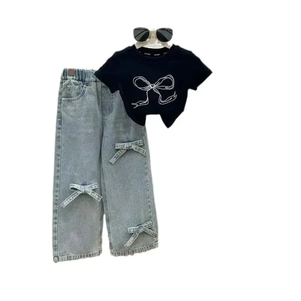 Children's Clothing Sets Printed Bow Short Sleeve Top + Jeans 2pcs Sets Girls Clothes  Baby Girl Outfit Set Kids Clothes Girls - Image 3