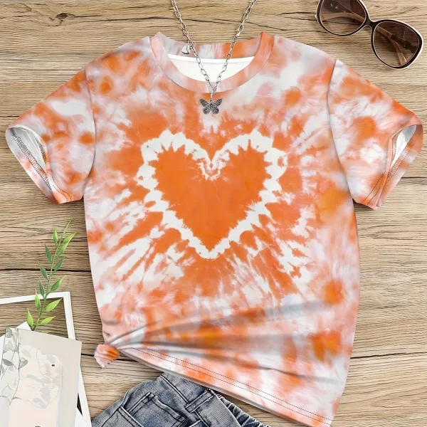 Girl Clothes Child T-Shirt Short Sleeve Heart Print Tie Dye Girl T-Shirt Top Casual Tees Kids Summer Clothes Children's Clothing - Image 6