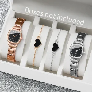 4PCS/Set Fashion Square Women's Quartz Watch Steel Band Watches Heart Bracelets Set（Without Box）