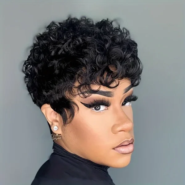 pixie cut natural black color 6inch daily party christmas use remy wig machine made wig 150% density short curly human hair wigs - Image 2