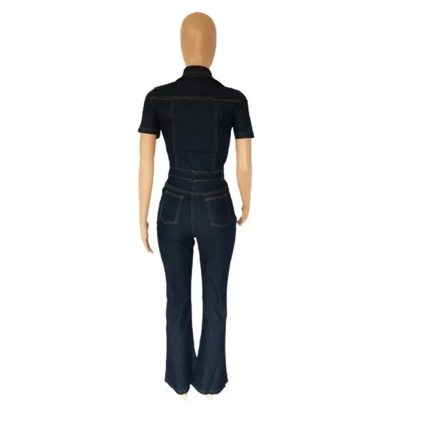 FAGADOER Dark Blue Fashion Denim Jumpsuits Women Turndown Collar Button Short Sleeve Straight Playsuits Casual Cowboy Overalls - Image 13