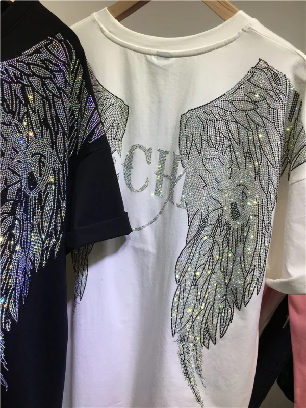 L-4XL Oversize Rhinestone Angel Wings Harley T shirt Clothing for Women Men Hip Hop Streetwear Loose Short Sleeve Brand T-shirt - Image 2