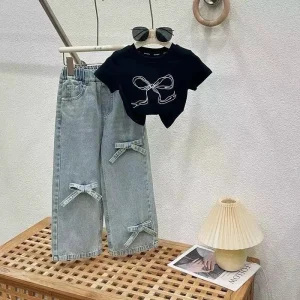 Children's Clothing Sets Printed Bow Short Sleeve Top + Jeans 2pcs Sets Girls Clothes  Baby Girl Outfit Set Kids Clothes Girls