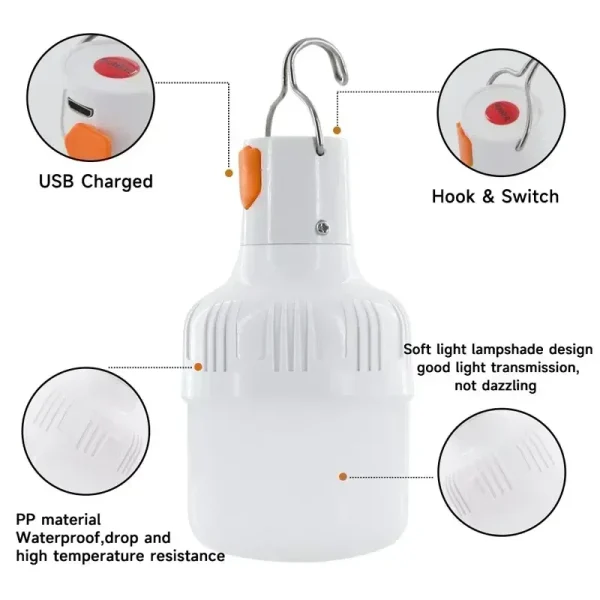 Emergency Light Outdoor Camping Supplies 60W  Edc Outdoor USB Rechargeable LED Light Bulb Lantern Hiking Sports Entertainment - Image 5