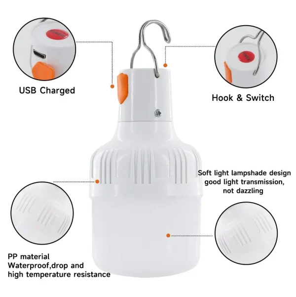 Emergency Light Outdoor Camping Supplies 60W  Edc Outdoor USB Rechargeable LED Light Bulb Lantern Hiking Sports Entertainment - Image 10